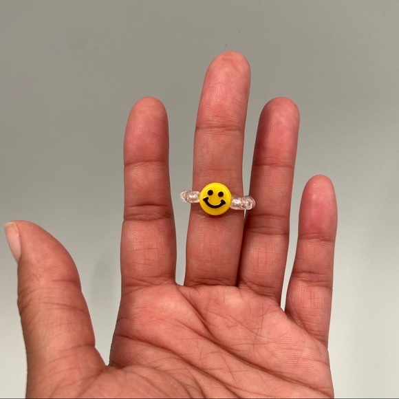 Handmade Trendy Y2K Inspired Smiley Face Glass Bead Stackable Stretch Ring - Picture 2 of 5